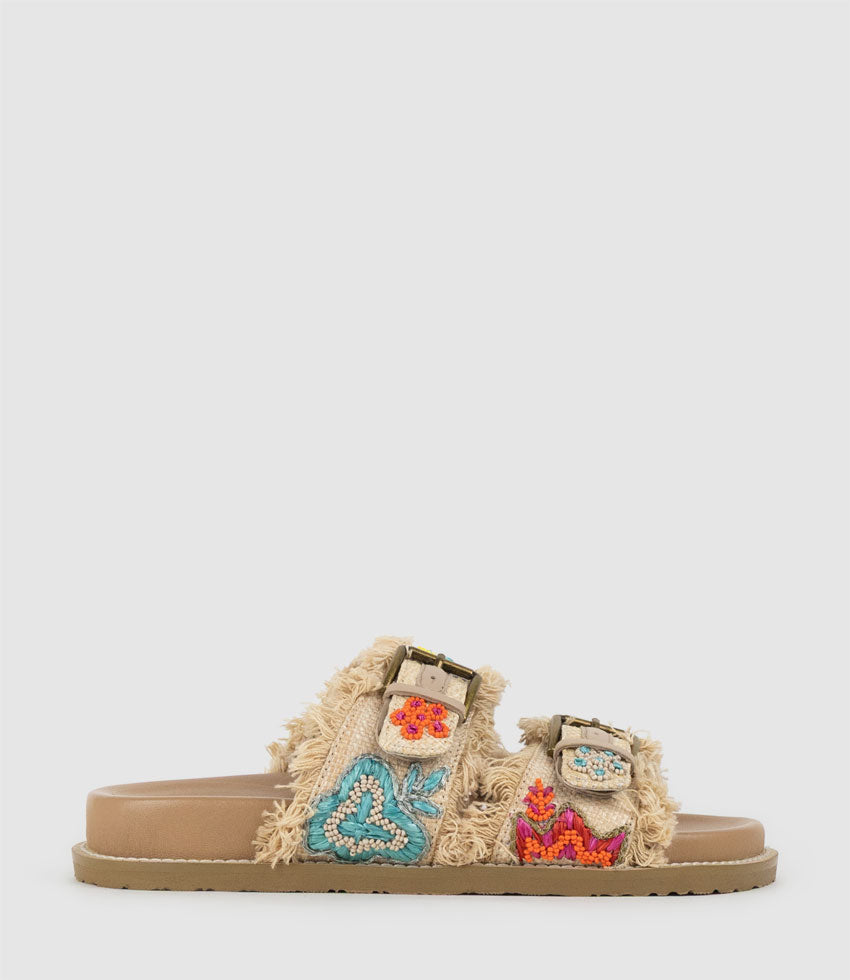 KIMORA Embroidered Slide in Raffia - Edward Meller