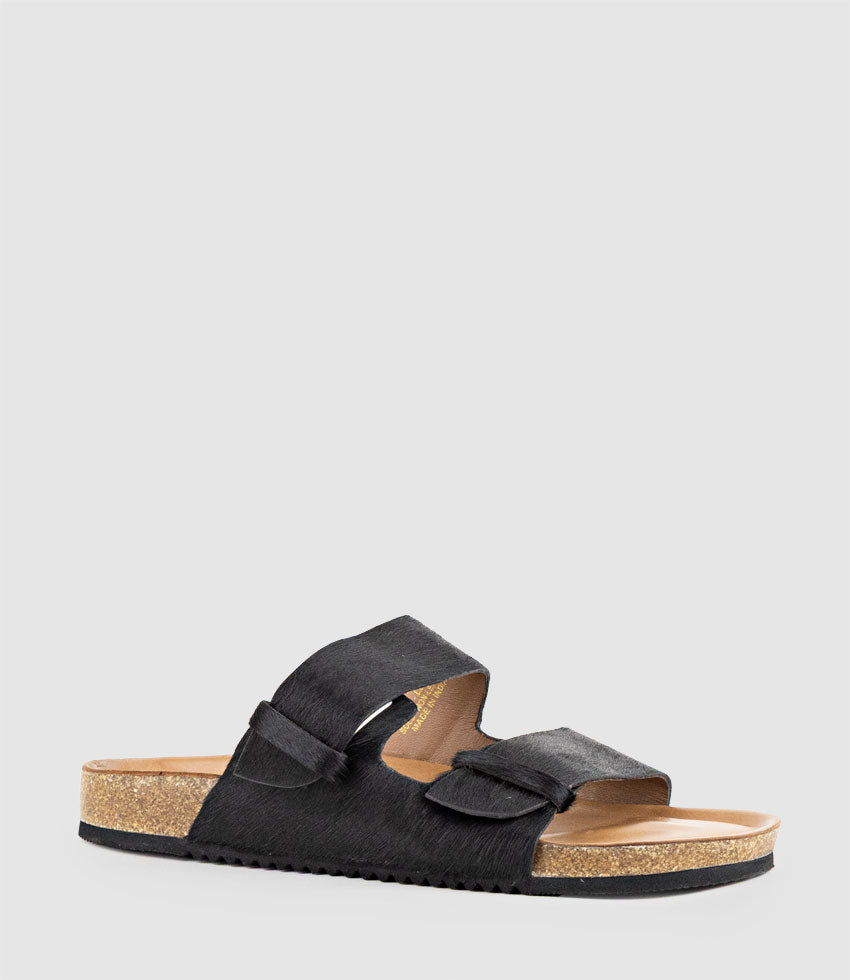KLEIN Two Strap Slide in Black Pony Hair - Edward Meller