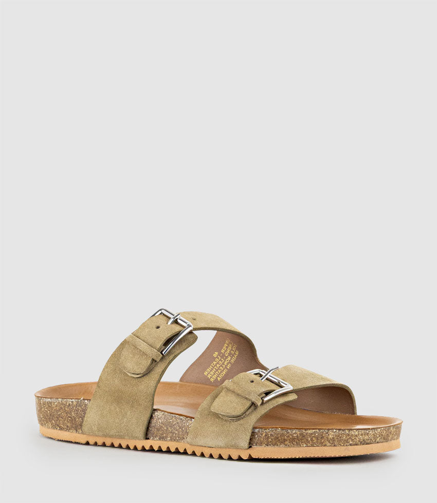 KRYO Two Strap Slide with Buckle in Beige Suede - Edward Meller
