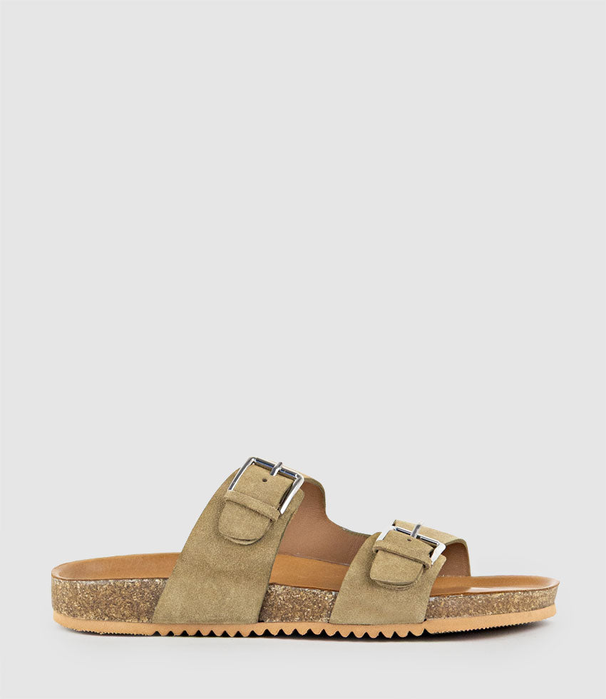 KRYO Two Strap Slide with Buckle in Beige Suede - Edward Meller