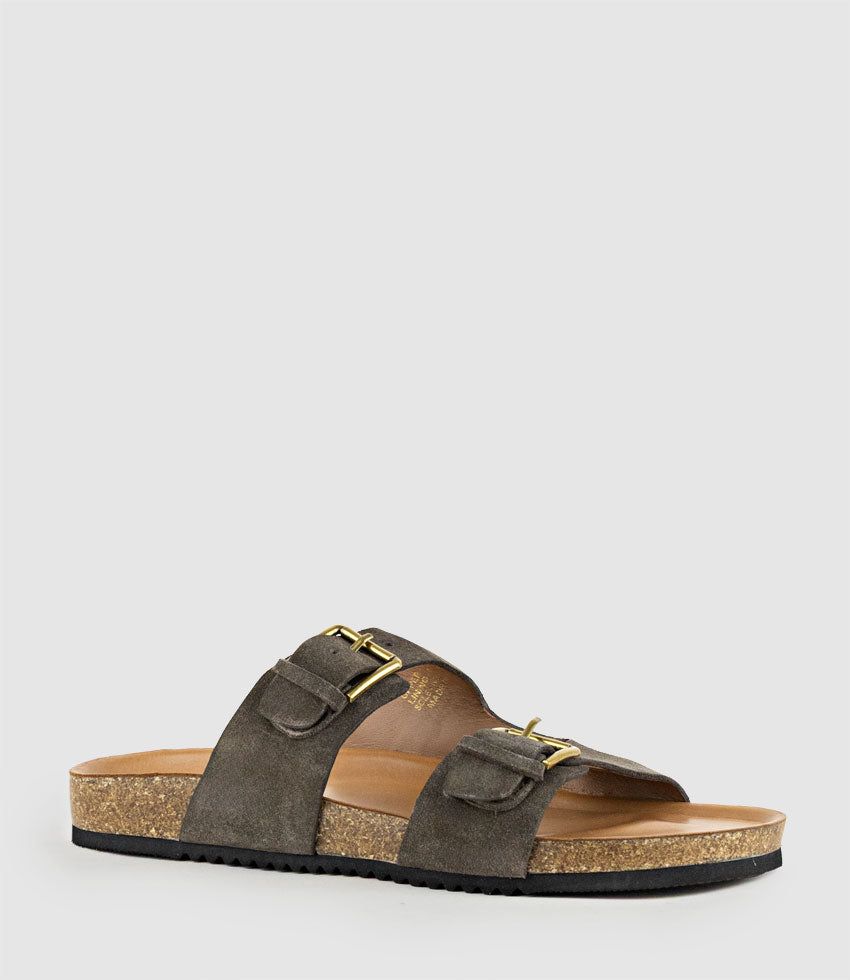 KRYO Two Strap Slide with Buckle in Coffee Suede - Edward Meller