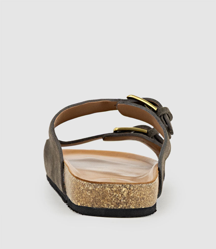 KRYO Two Strap Slide with Buckle in Coffee Suede - Edward Meller