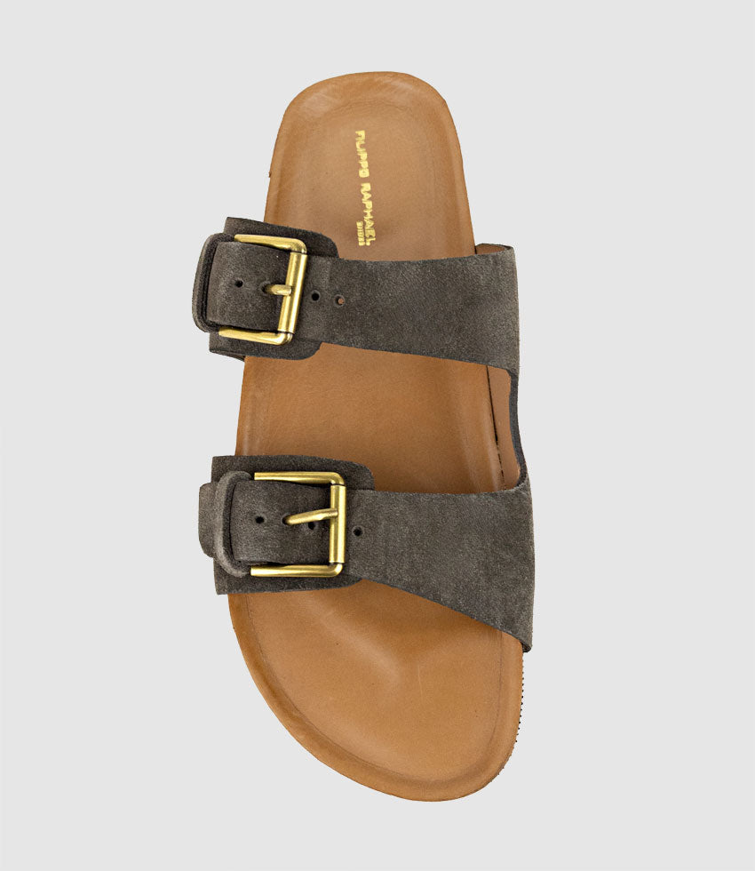 KRYO Two Strap Slide with Buckle in Coffee Suede - Edward Meller