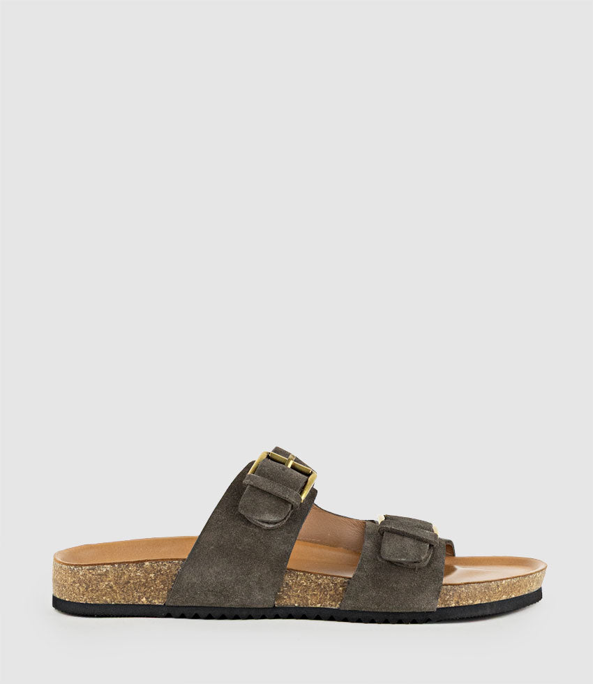 KRYO Two Strap Slide with Buckle in Coffee Suede - Edward Meller