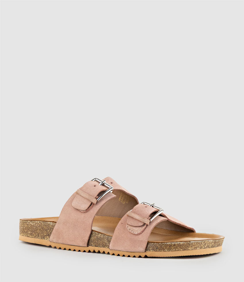 KRYO Two Strap Slide with Buckle in Rose Suede - Edward Meller