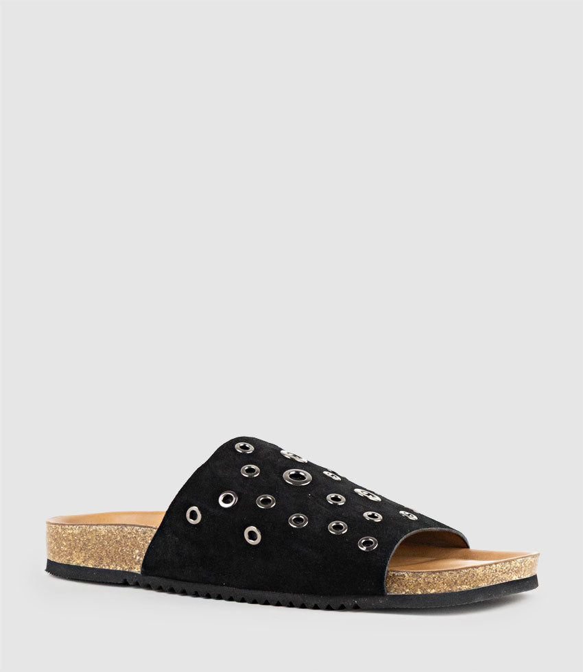 KUNE Slide with Eyelets in Black Suede - Edward Meller