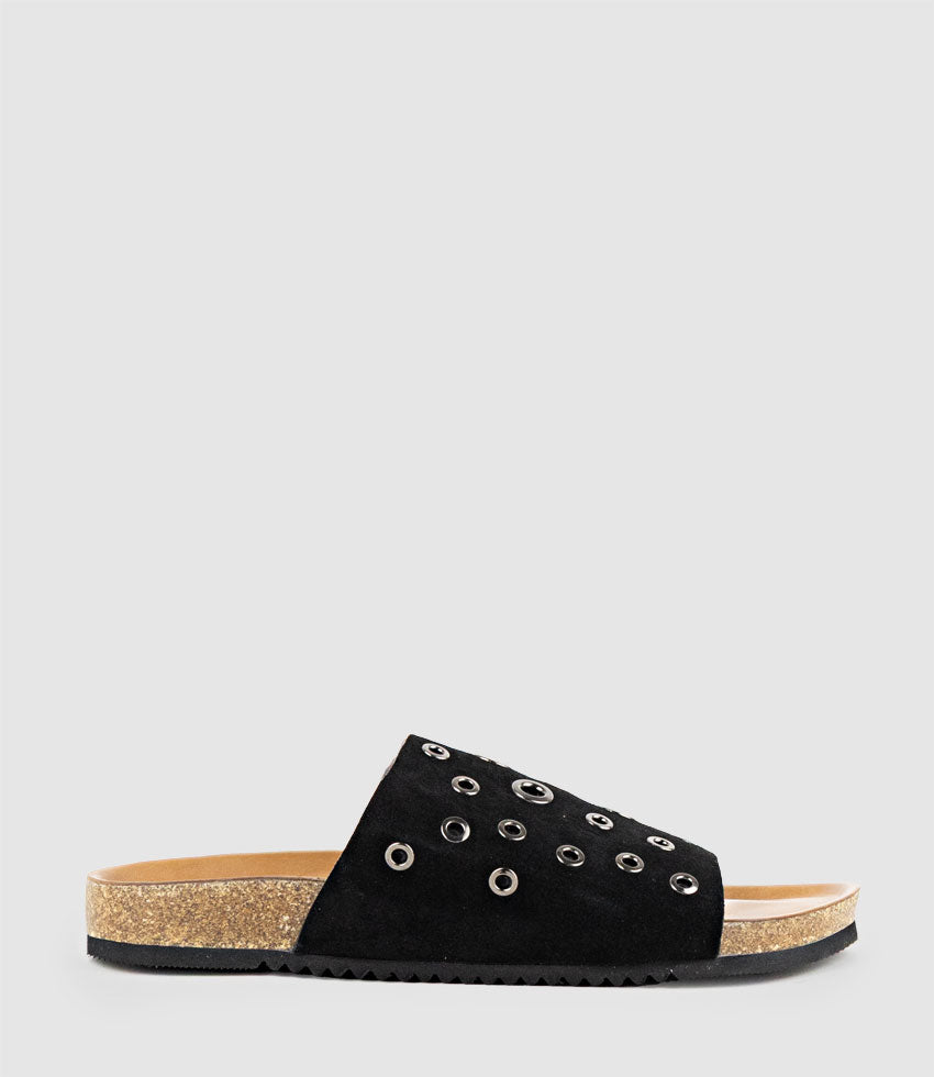 KUNE Slide with Eyelets in Black Suede - Edward Meller