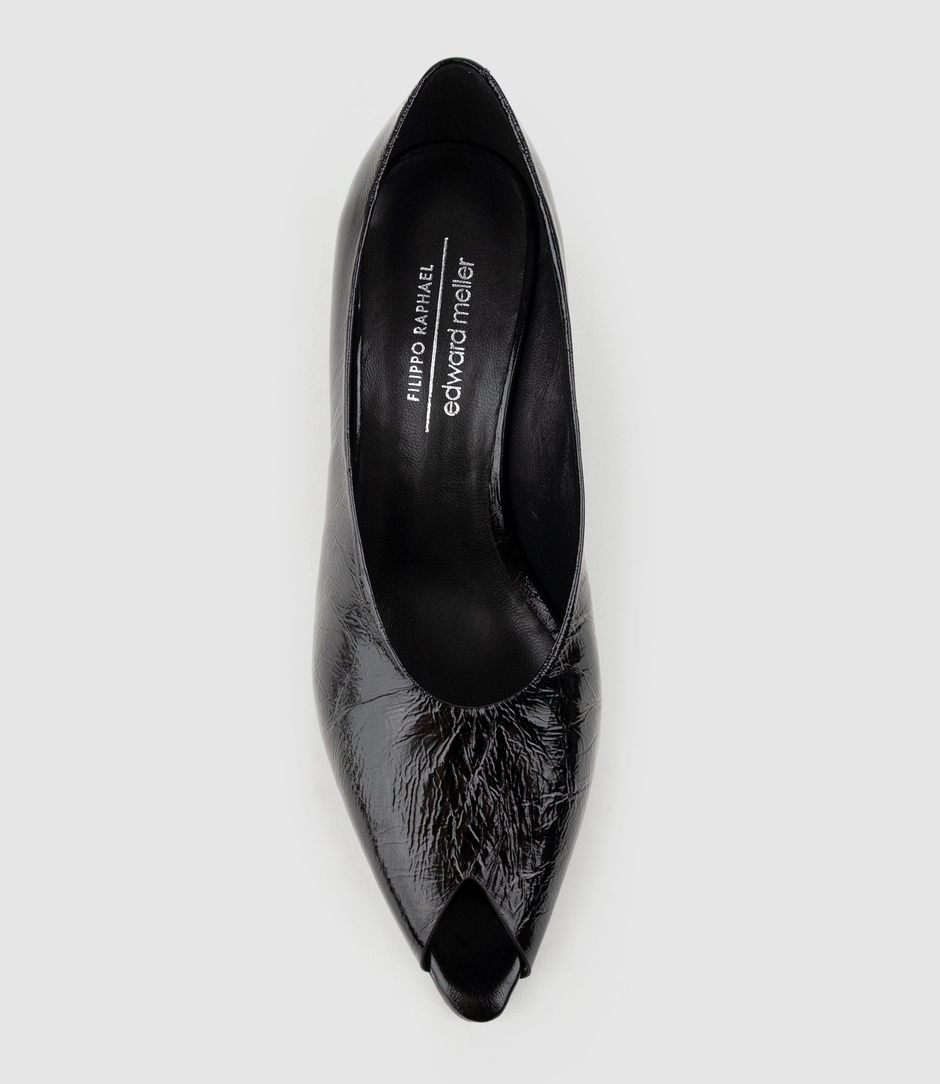 LANVERE65 Peep Toe Pump on Wedge in Black Crinkle Patent