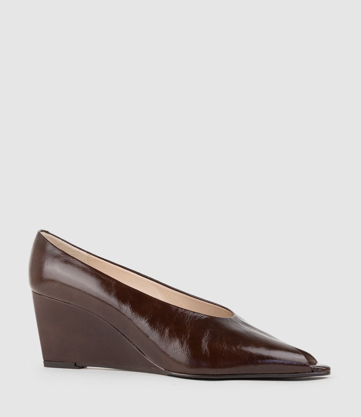 LANVERE65 Peep Toe Pump on Wedge in Chocolate Crinkle Patent