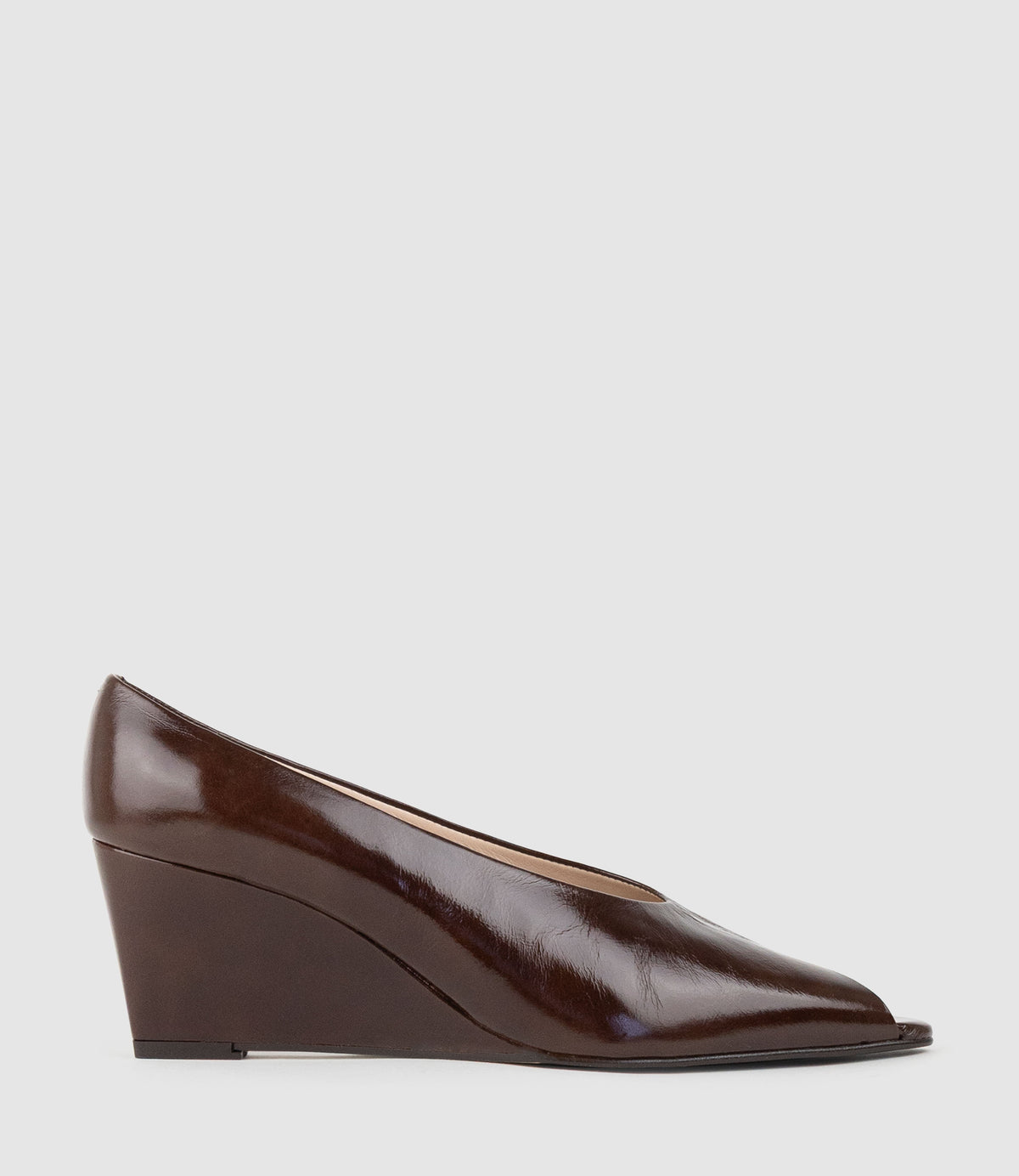 LANVERE65 Peep Toe Pump on Wedge in Chocolate Crinkle Patent