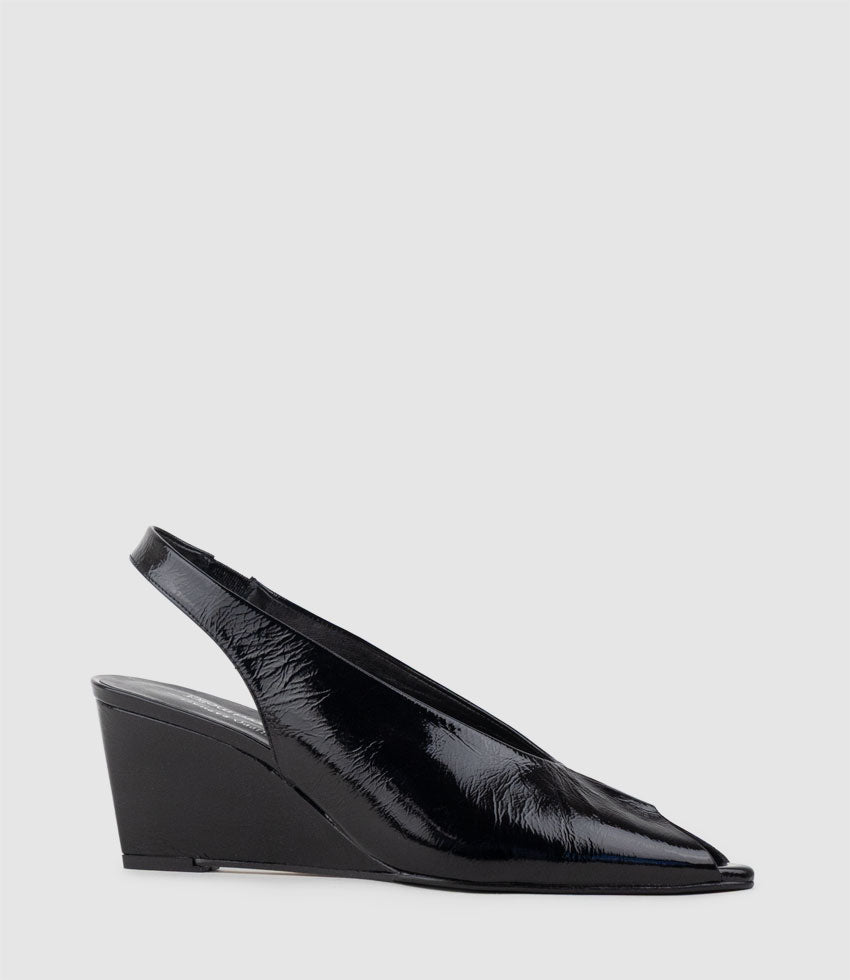 LIARA70 Peep Toe Pump on Wedge in Black Patent - Edward Meller