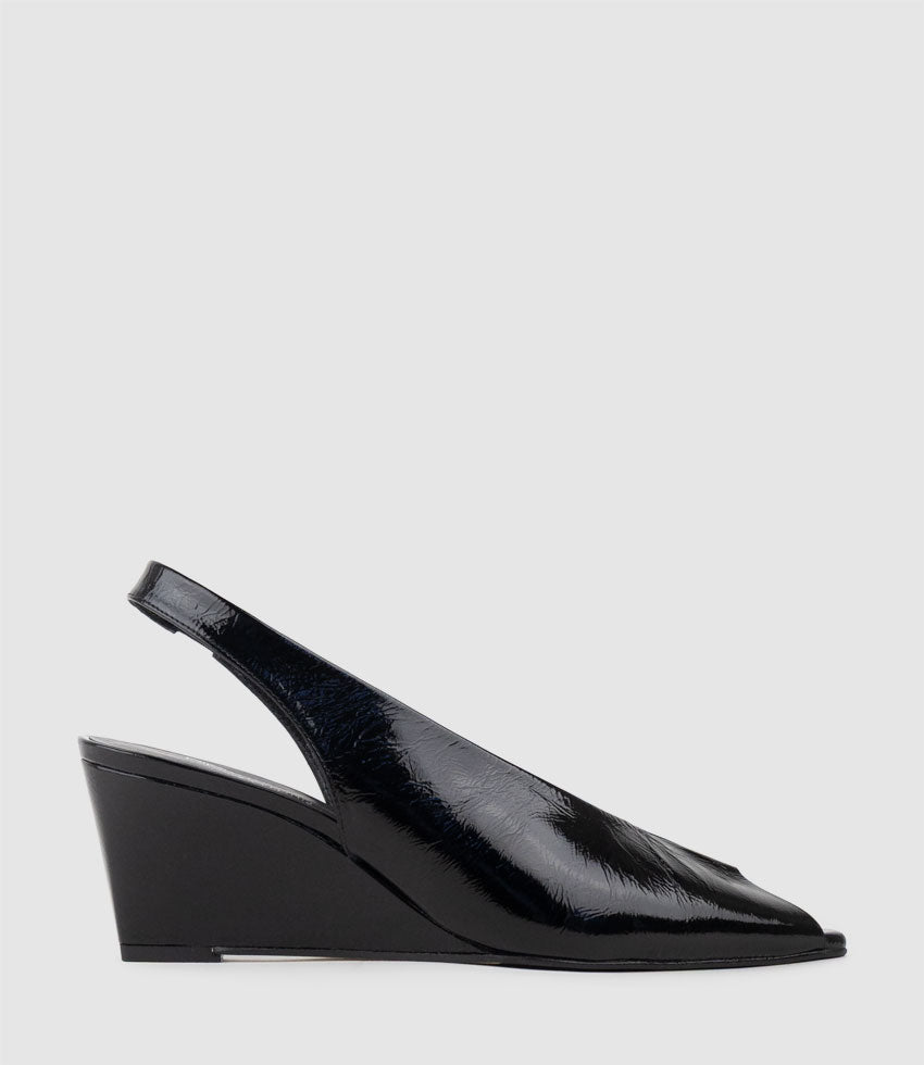 LIARA70 Peep Toe Pump on Wedge in Black Patent - Edward Meller