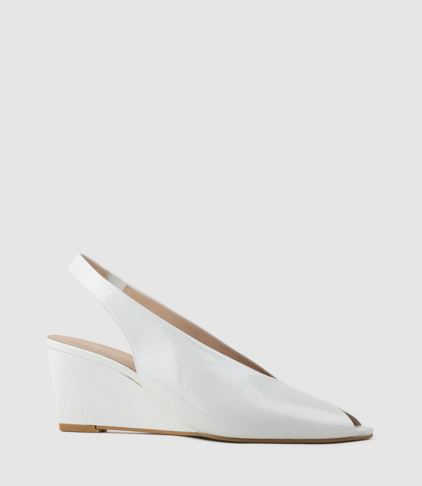 LIARA70 Peep Toe Pump on Wedge in Offwhite Patent - Edward Meller