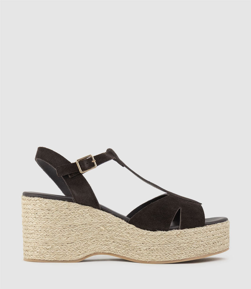 MADERA T-Bar Espadrille in Chocolate Suede - Edward Meller