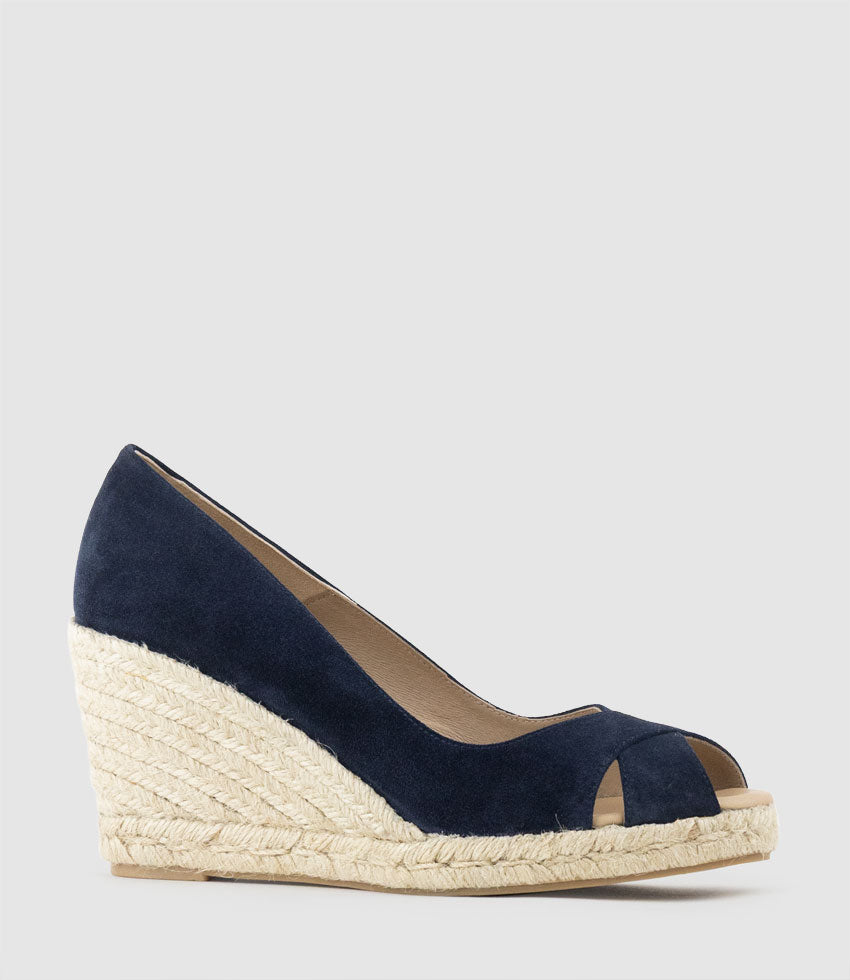 MAGNOLIA Peep Toe Pump Espadrille Navy Suede - Edward Meller