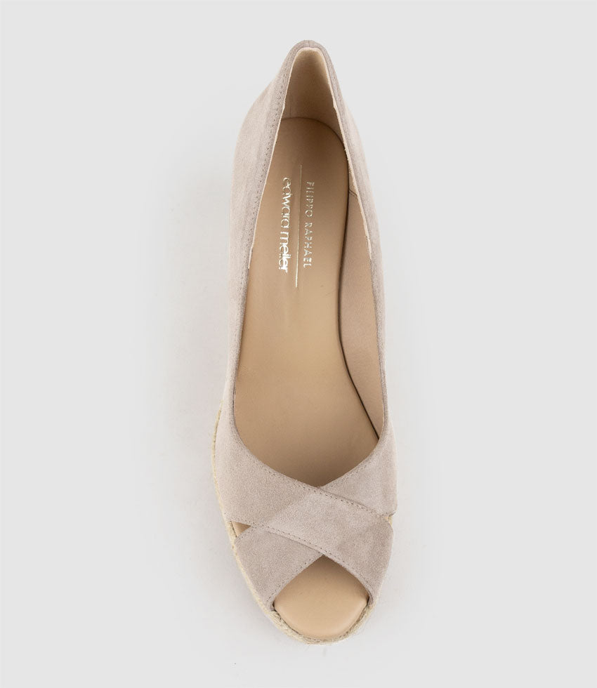 MAGNOLIA Peep Toe Pump Espadrille Taupe Suede - Edward Meller