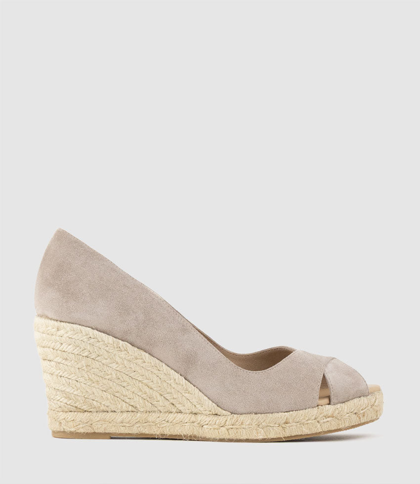 MAGNOLIA Peep Toe Pump Espadrille Taupe Suede - Edward Meller