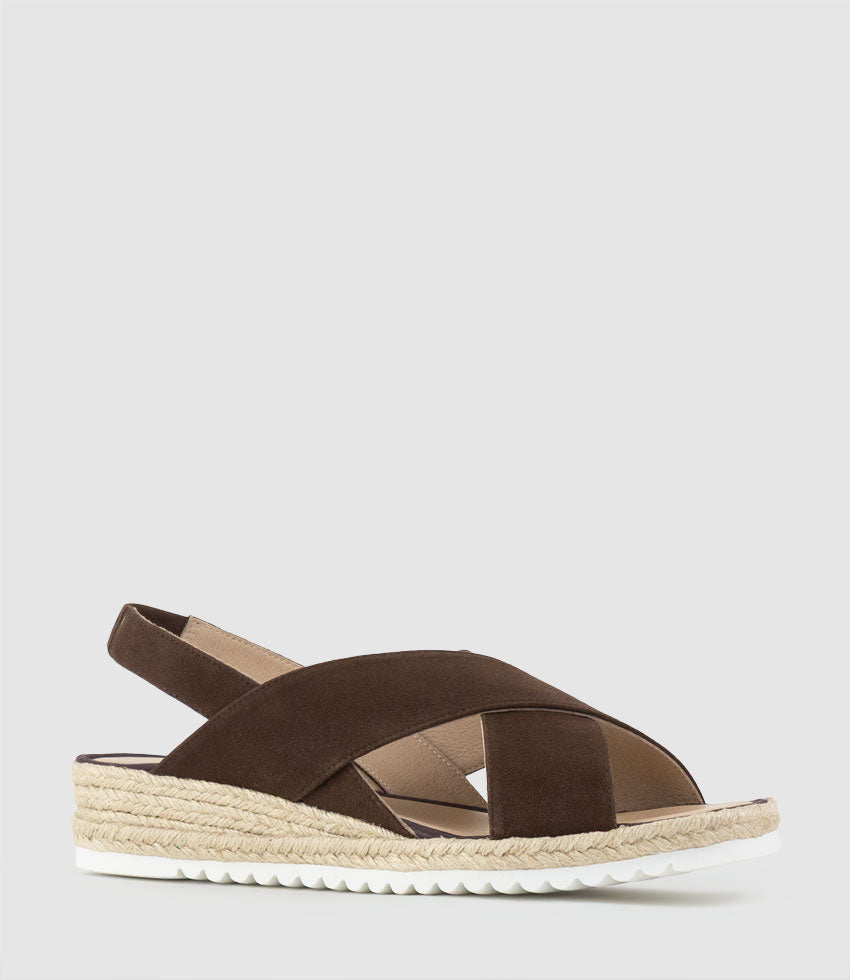 MINDARA Crossover Sling Low Espadrille in Chocolate Suede - Edward Meller