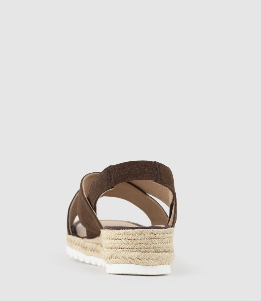 MINDARA Crossover Sling Low Espadrille in Chocolate Suede - Edward Meller