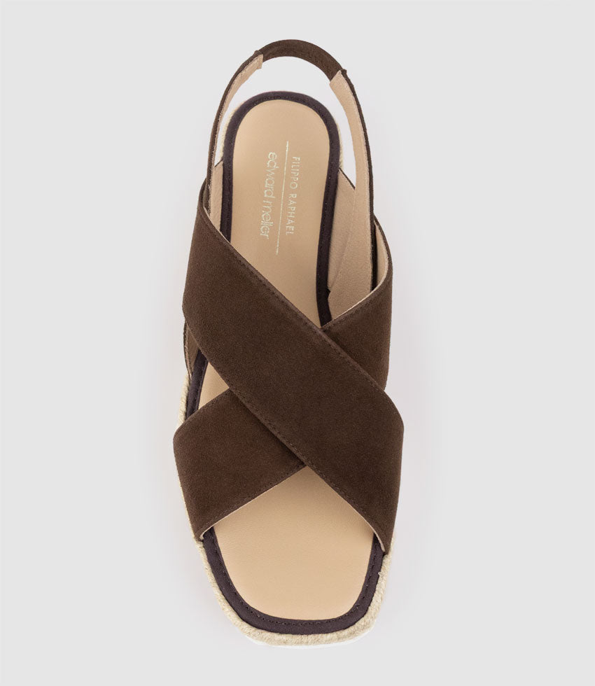 MINDARA Crossover Sling Low Espadrille in Chocolate Suede - Edward Meller