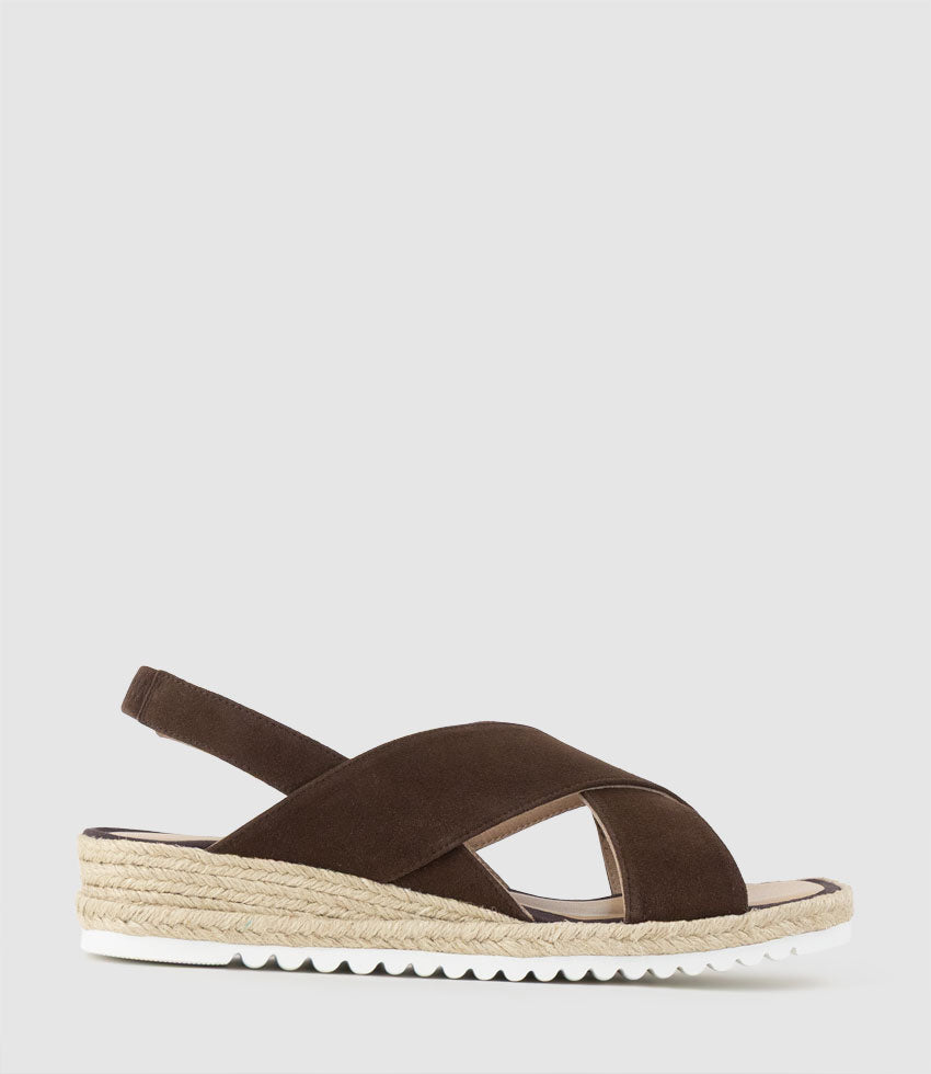 MINDARA Crossover Sling Low Espadrille in Chocolate Suede - Edward Meller
