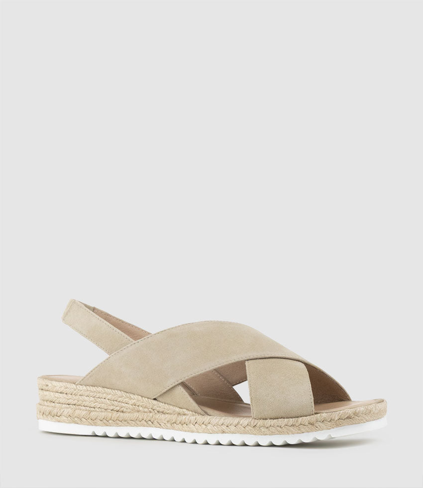 MINDARA Crossover Sling Low Espadrille in Taupe Suede - Edward Meller