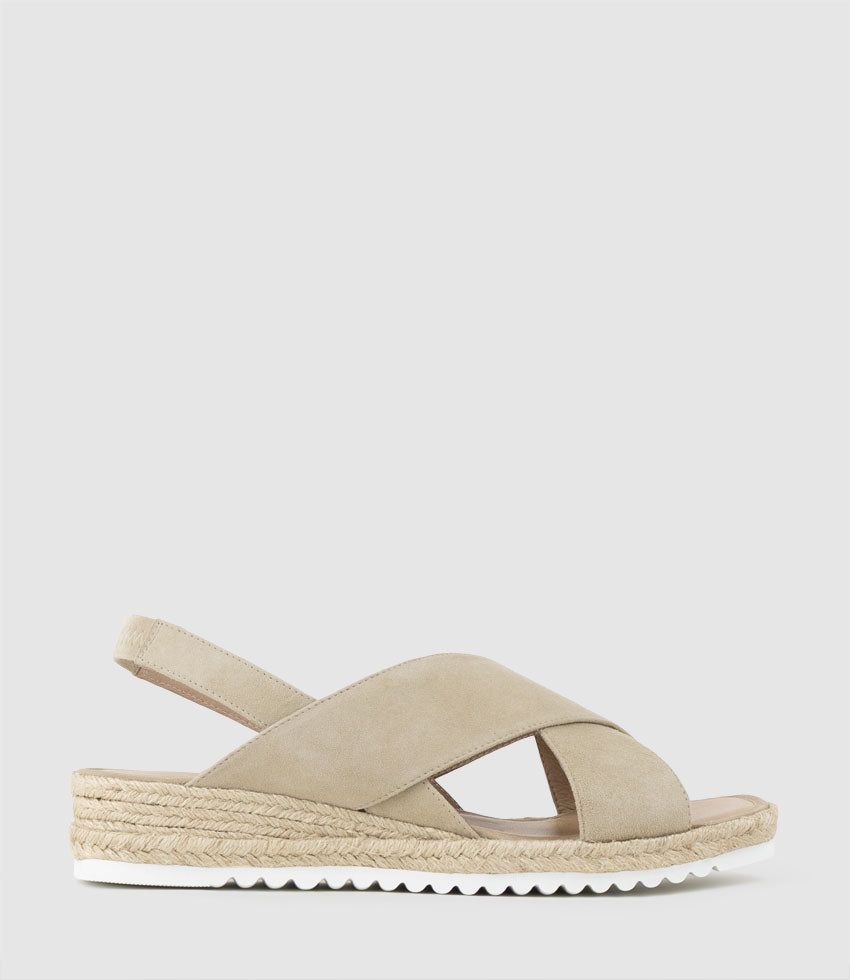 MINDARA Crossover Sling Low Espadrille in Taupe Suede - Edward Meller