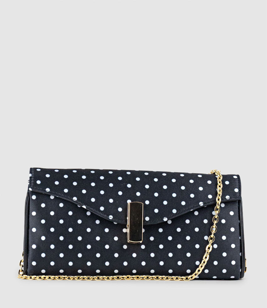 NAIA Foldover Clutch in Black Polkadot Satin - Edward Meller