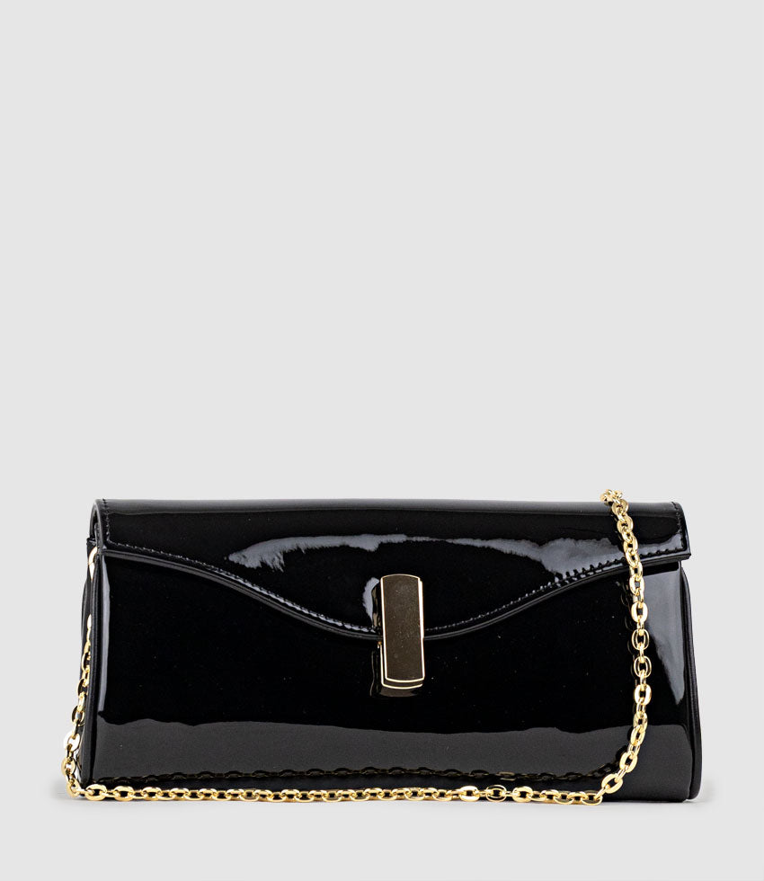 NAIA Foldover Clutch in Black Patent - Edward Meller
