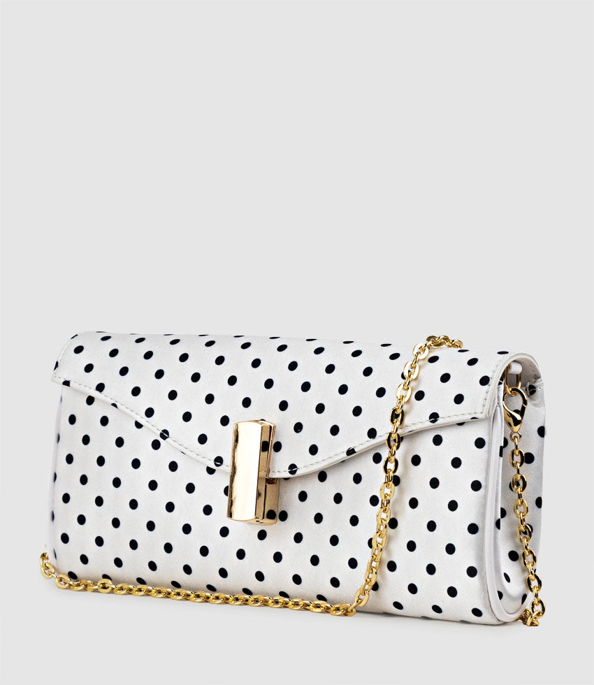 NAIA Foldover Clutch in White Polkadot Satin - Edward Meller