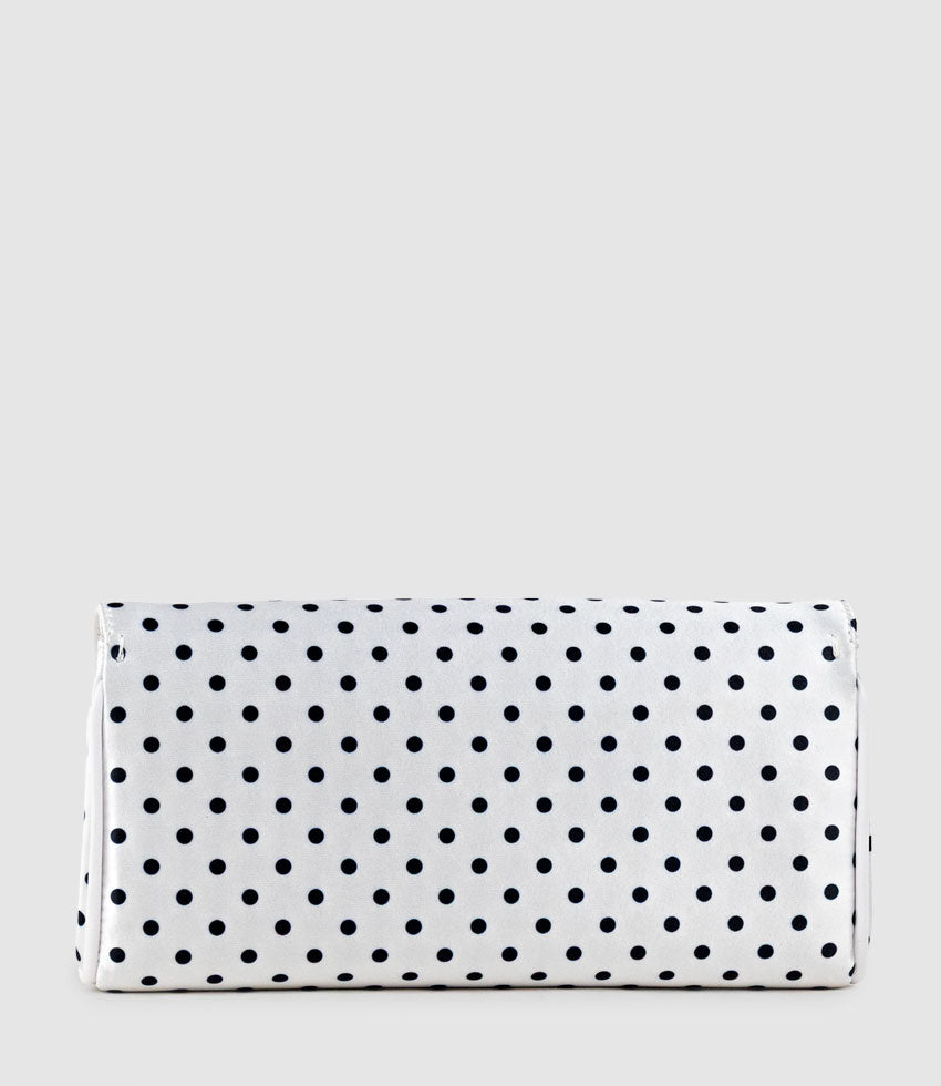 NAIA Foldover Clutch in White Polkadot Satin - Edward Meller