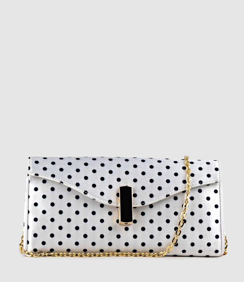 NAIA Foldover Clutch in White Polkadot Satin - Edward Meller