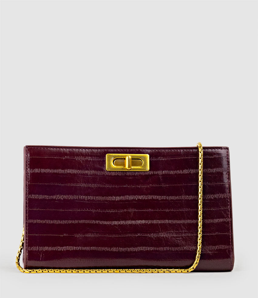 NAYLA Bag with Twist Hardware in Black Cherry Eel Print - Edward Meller