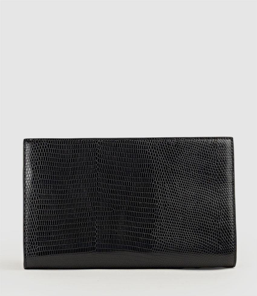 NAYLA Bag with Twist Hardware in Black Tejus Lizard Print - Edward Meller