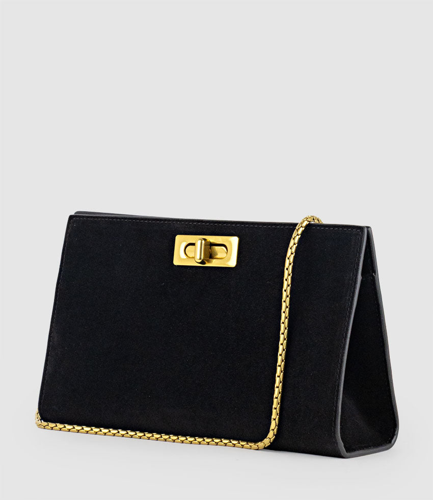 NAYLA Bag with Twist Hardware in Black Suede - Edward Meller