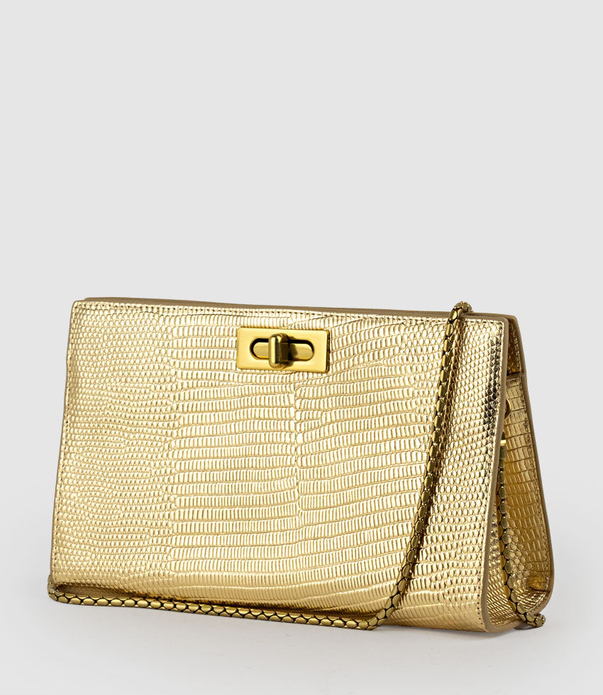 NAYLA Bag with Twist Hardware in Gold Tejus Lizard Print - Edward Meller