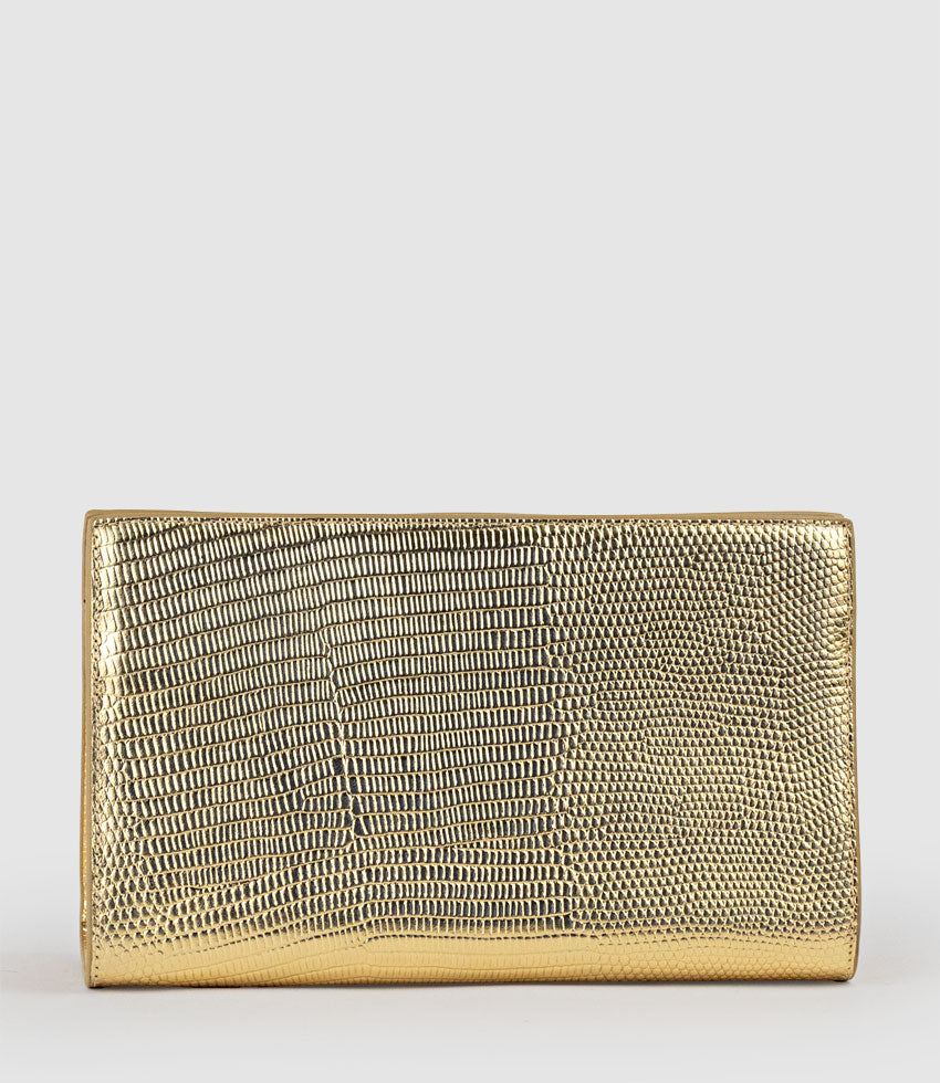 NAYLA Bag with Twist Hardware in Gold Tejus Lizard Print - Edward Meller