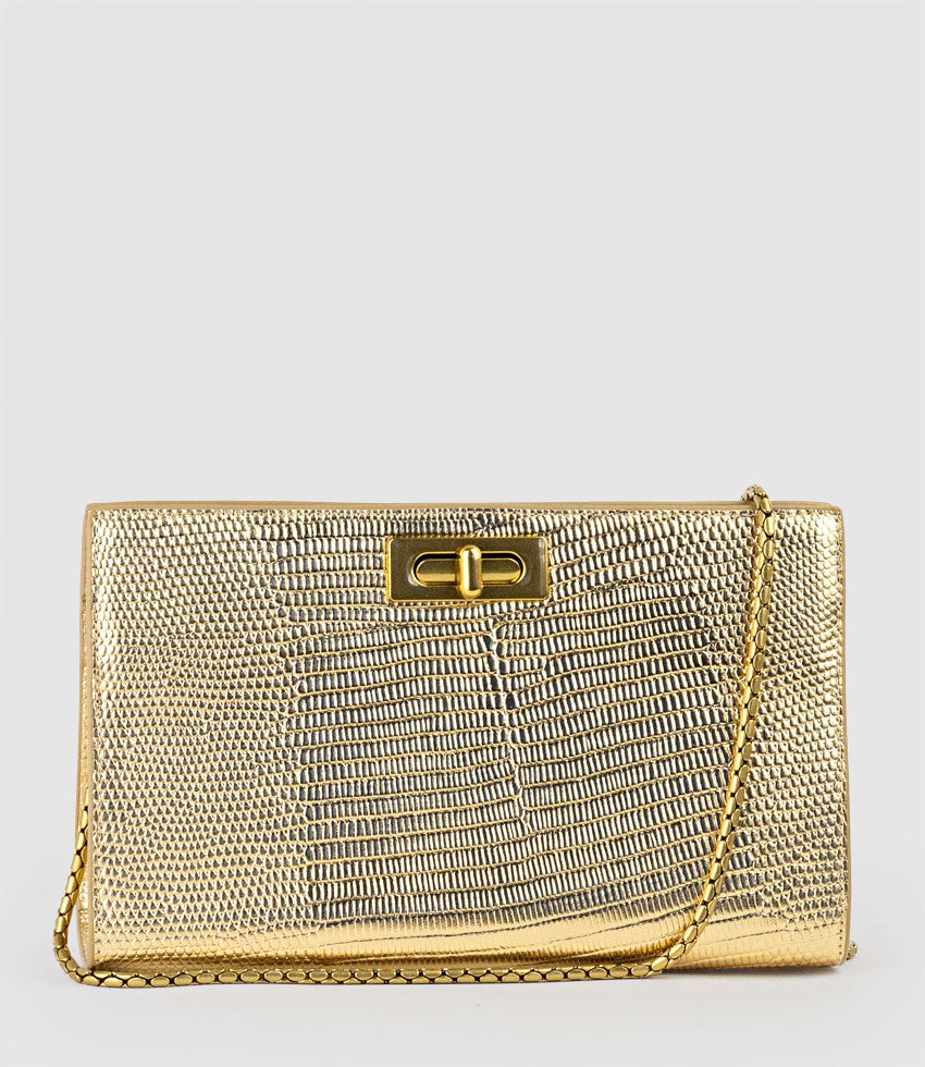 NAYLA Bag with Twist Hardware in Gold Tejus Lizard Print - Edward Meller