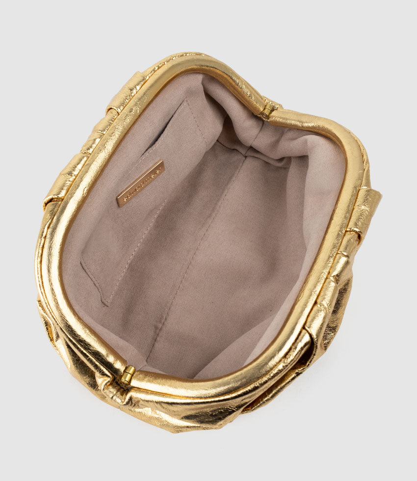 NEVA Ruched Frame Clutch in Gold - Edward Meller