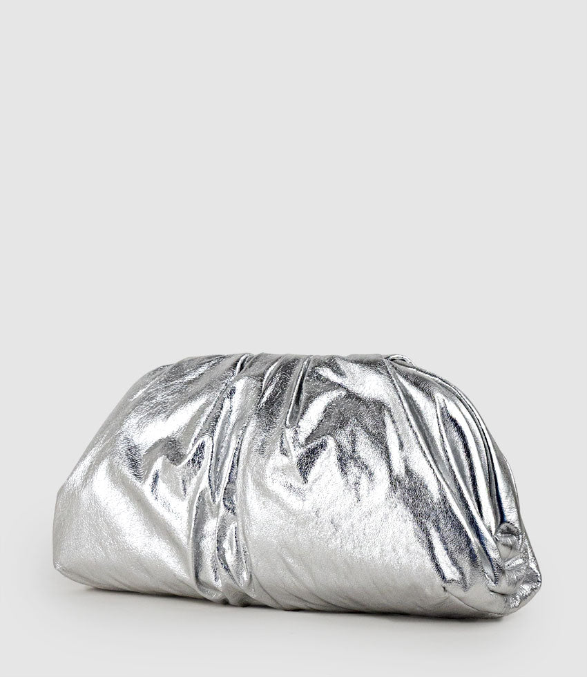 NEVA Ruched Frame Clutch in Silver - Edward Meller