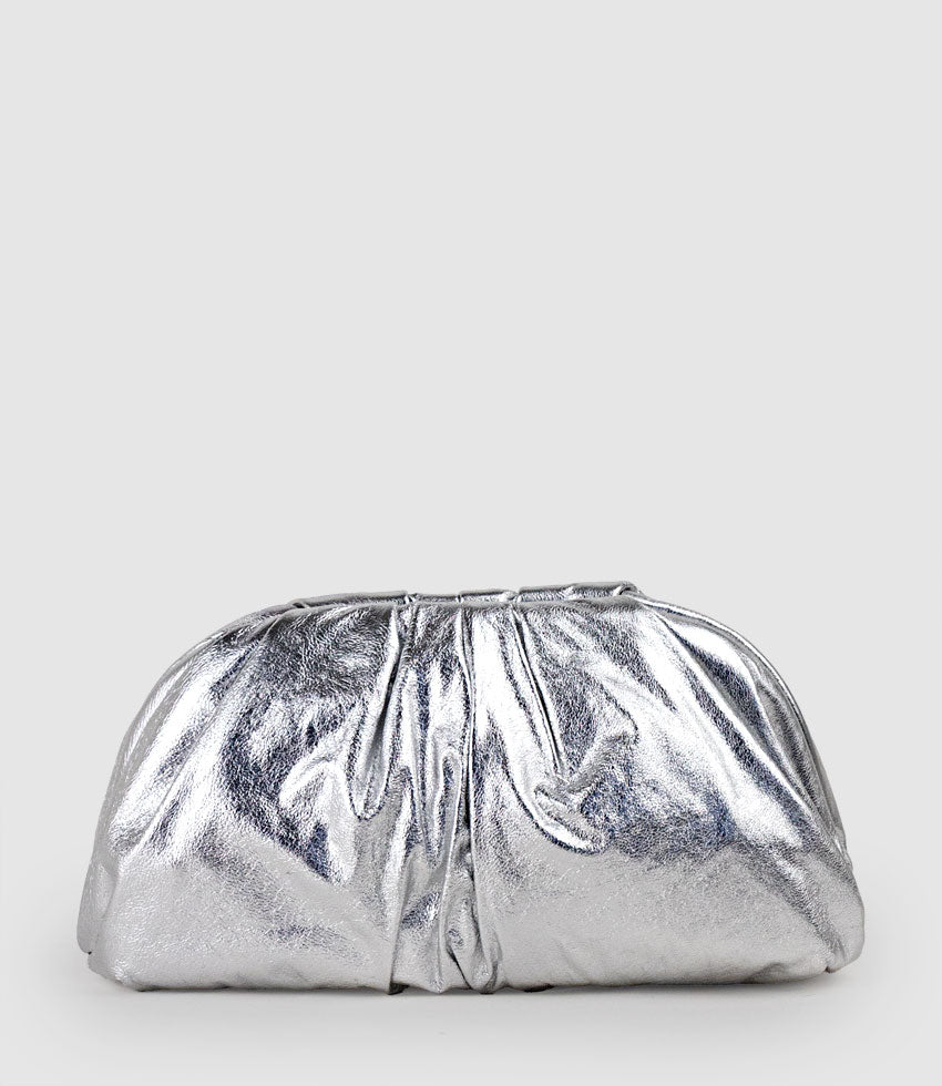 NEVA Ruched Frame Clutch in Silver - Edward Meller