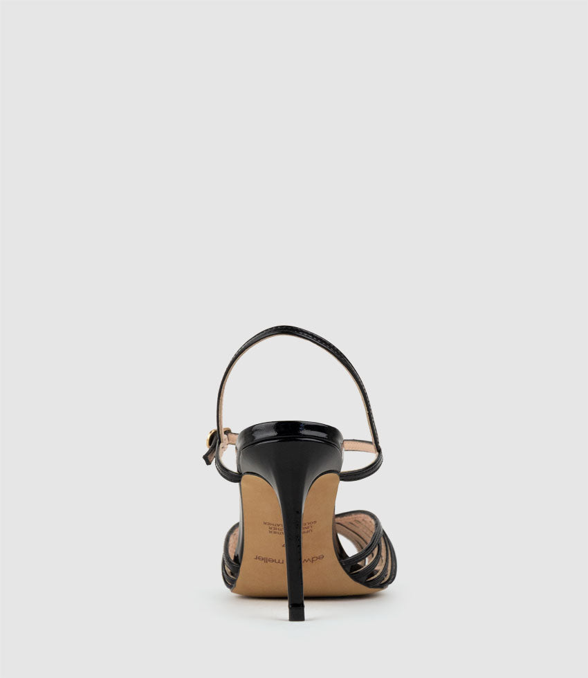 OLIVIA85 Pointed Open Toe Strappy Sandal in Black Patent - Edward Meller