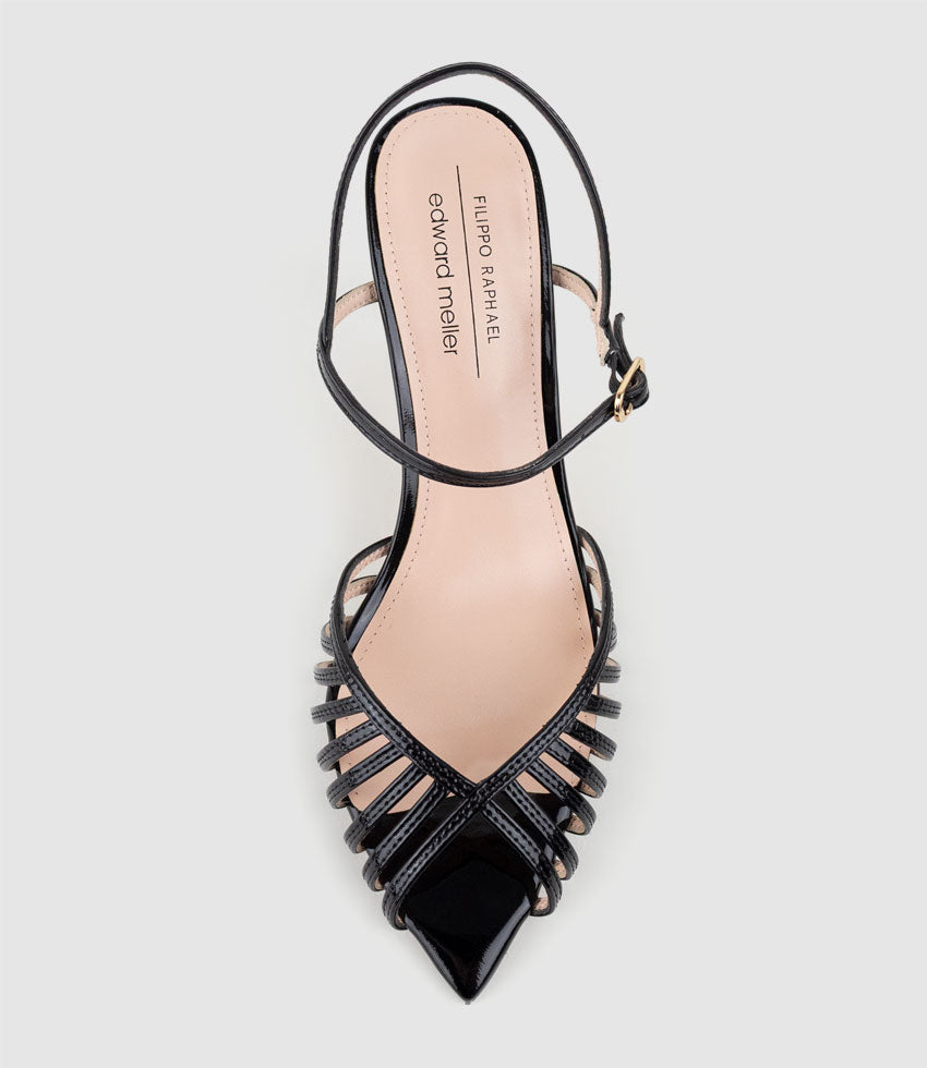 OLIVIA85 Pointed Open Toe Strappy Sandal in Black Patent - Edward Meller