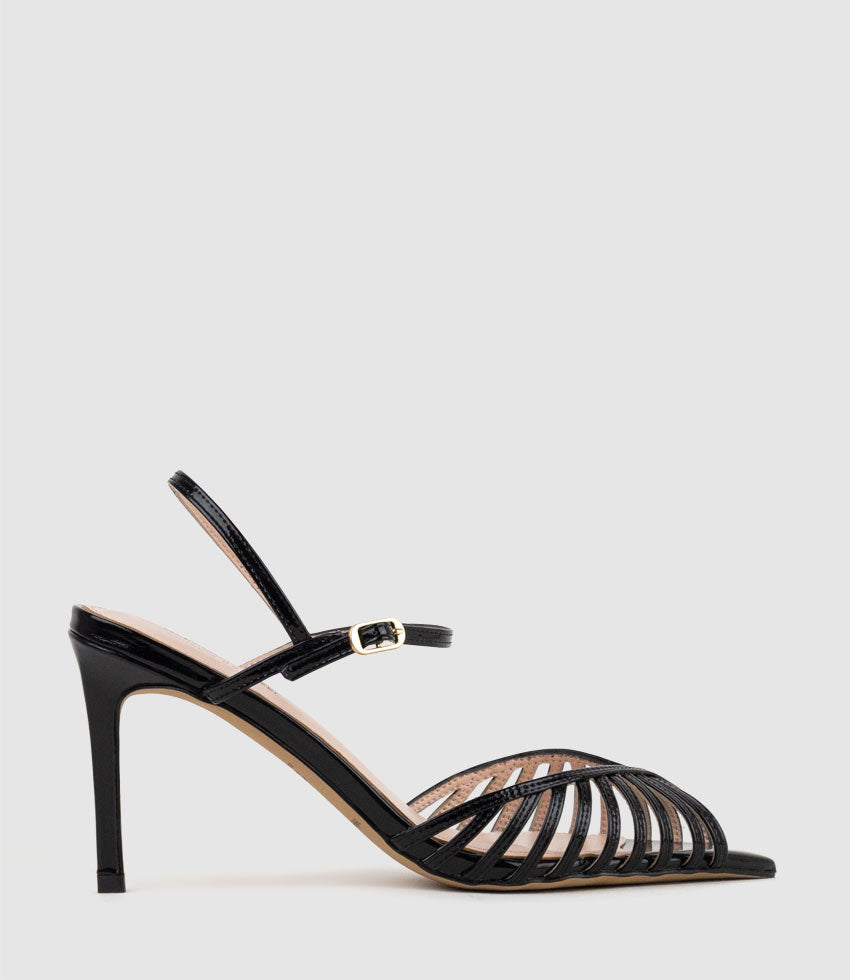 OLIVIA85 Pointed Open Toe Strappy Sandal in Black Patent - Edward Meller