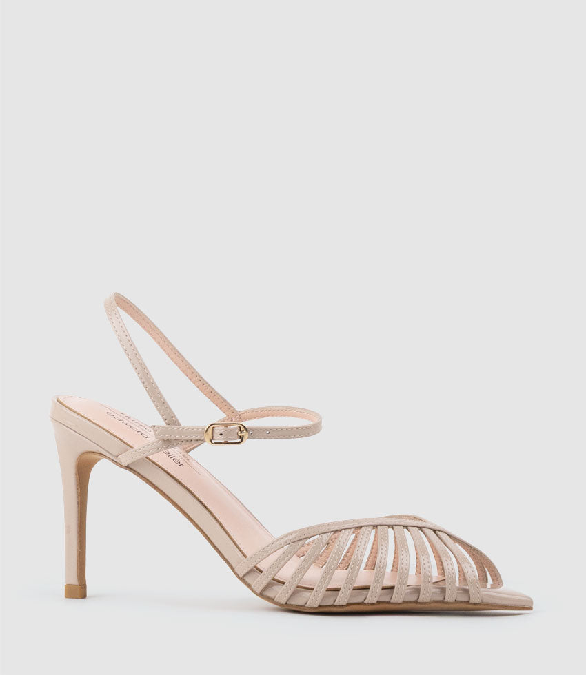 OLIVIA85 Pointed Open Toe Strappy Sandal in Blush Patent - Edward Meller