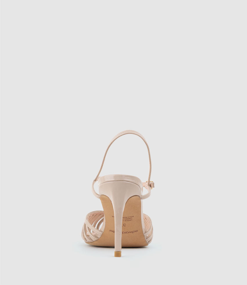 OLIVIA85 Pointed Open Toe Strappy Sandal in Blush Patent - Edward Meller