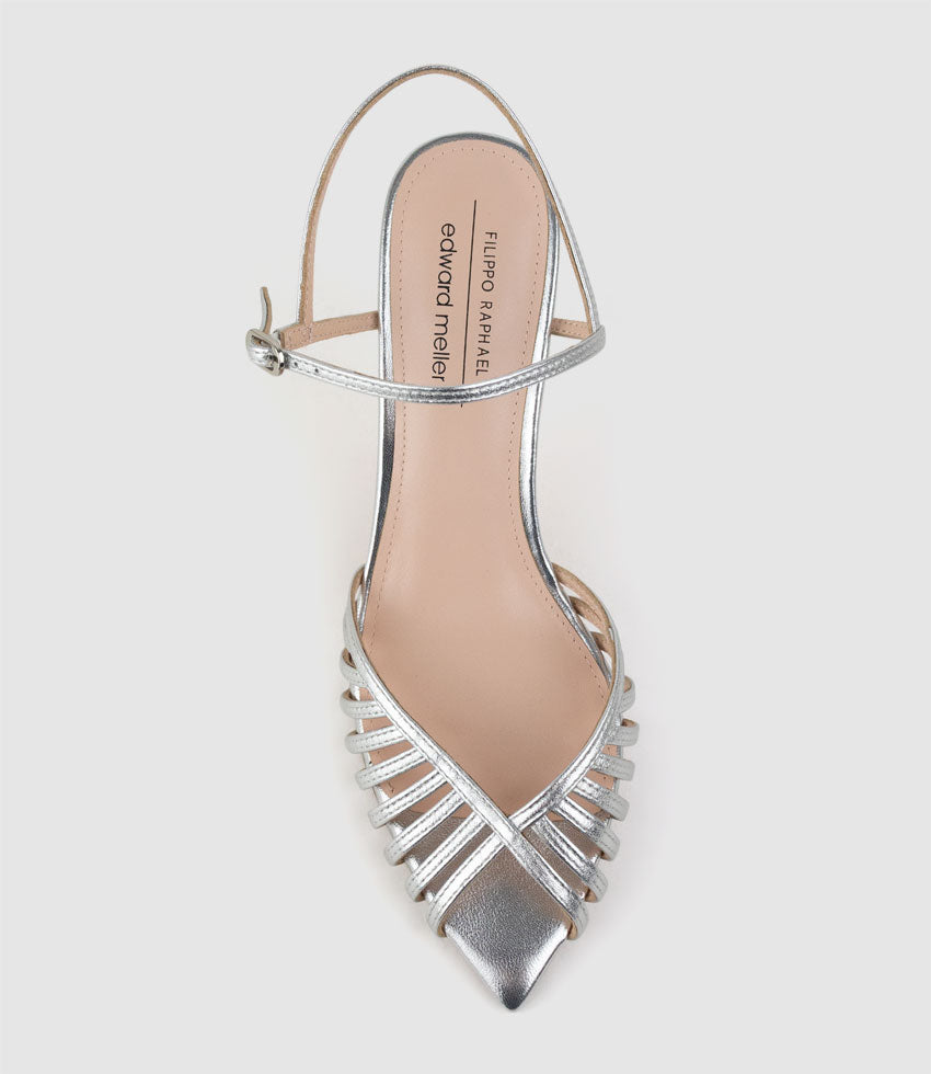 OLIVIA85 Pointed Open Toe Strappy Sandal in Silver - Edward Meller