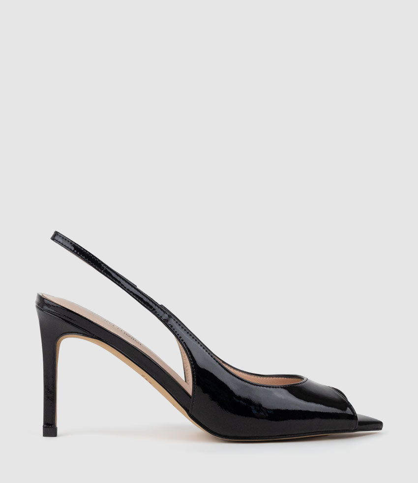ORTEGA85 Pointed Peep Toe Slingback in Black Patent - Edward Meller
