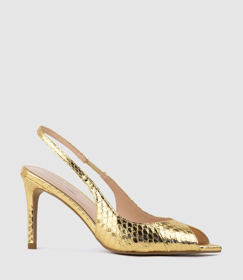 ORTEGA85 Pointed Peep Toe Slingback in Gold Snake - Edward Meller