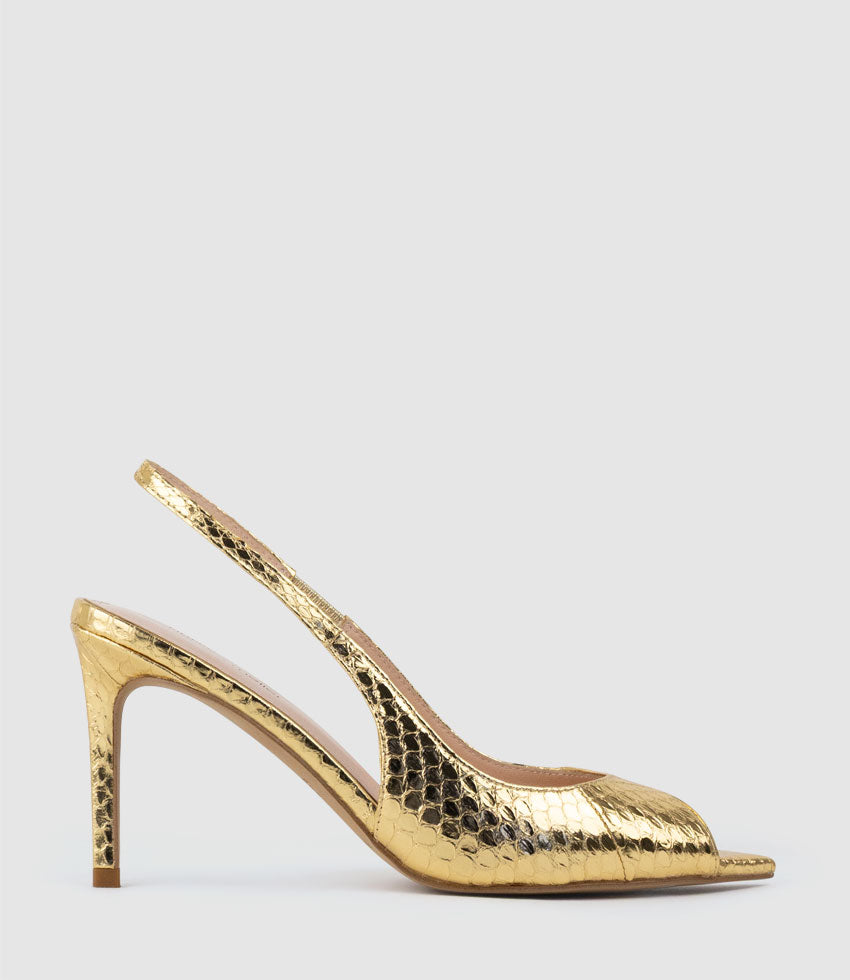 ORTEGA85 Pointed Peep Toe Slingback in Gold Snake - Edward Meller